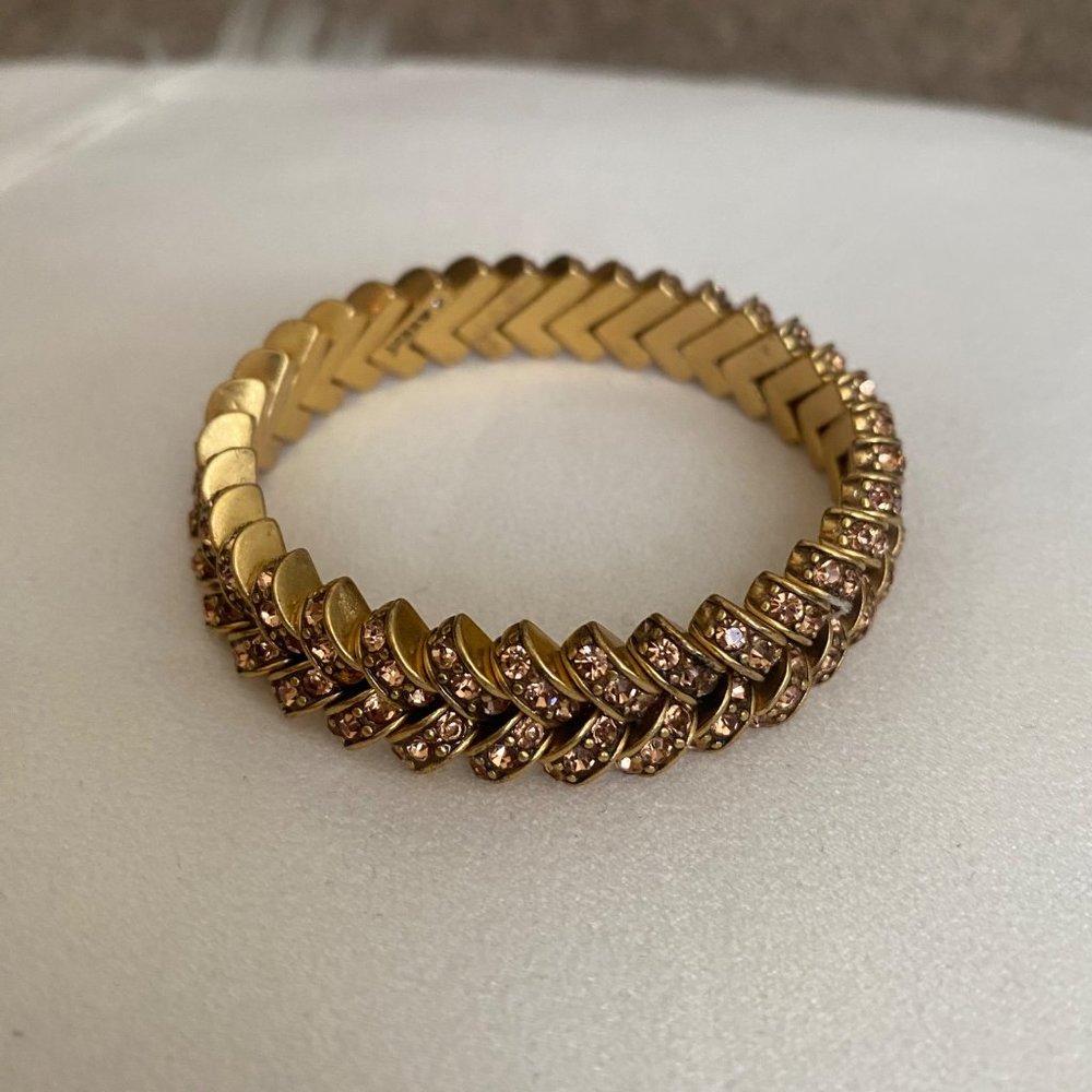 J. Crew signed stamped brushed rose gold pink jeweled gemstone stretchy bracelet